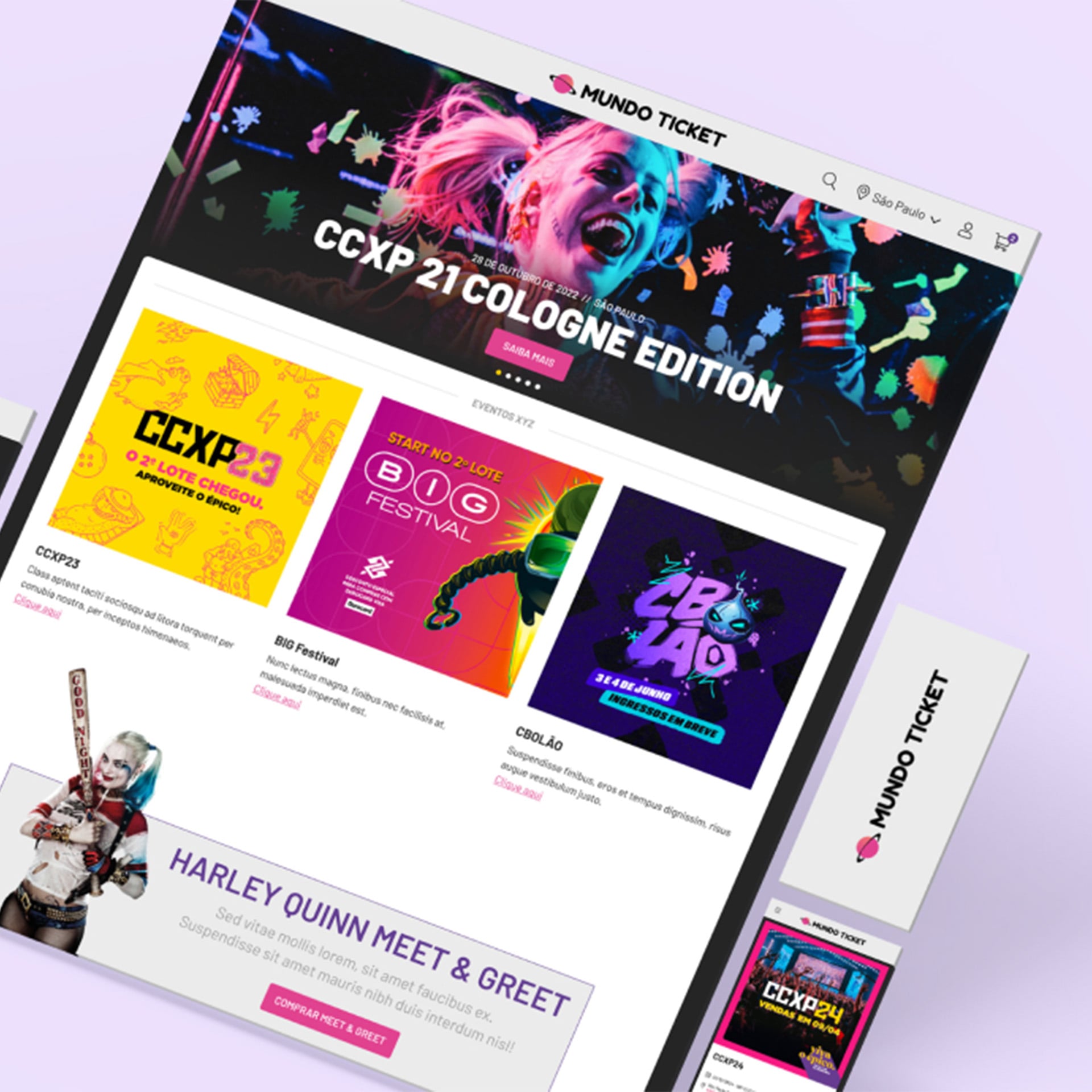 Pantalla del sitio Mundo Ticket mostrando eventos como la CCXP y festivales