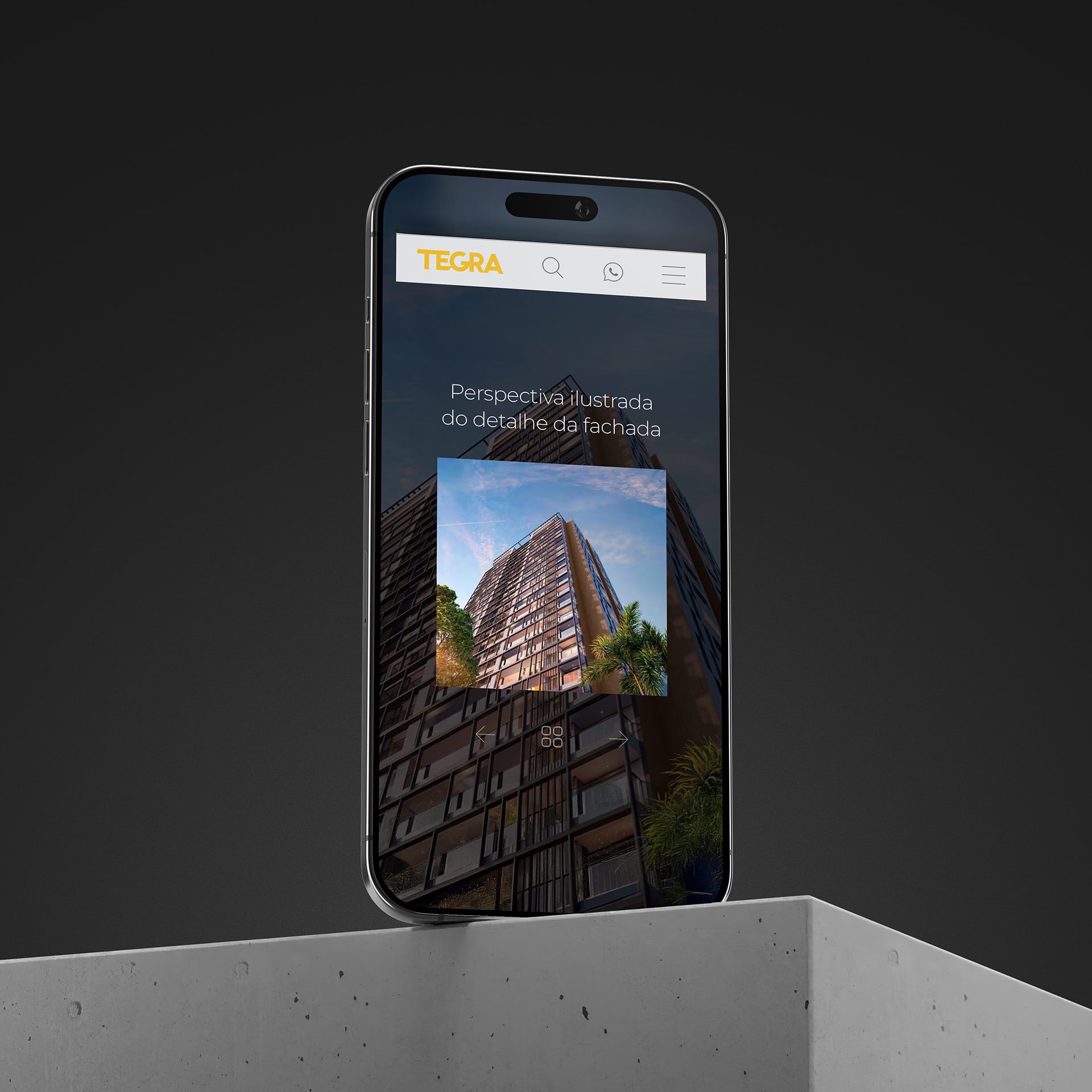 Smartphone mostrando el sitio móvil de Tegra con la perspectiva ilustrada de un edificio